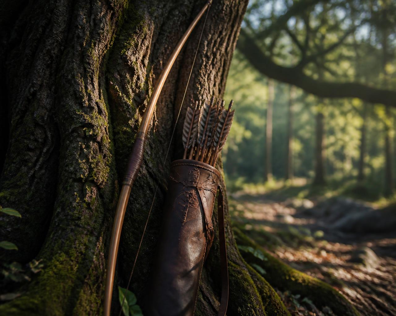 3D render of a longbow and leather quiver against a mossy oak