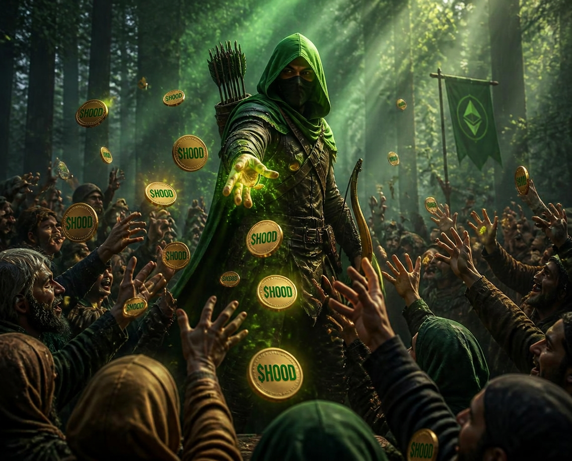 3D render of masked Robin Hood in a green cloak tossing $HOOD coins into a cheering crowd