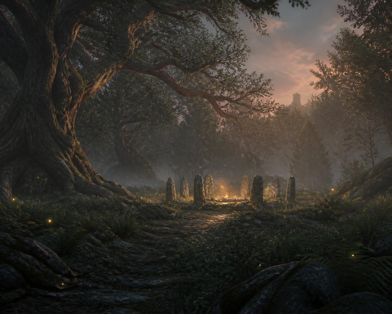 3D render of a mystical forest clearing with standing stones at dusk
