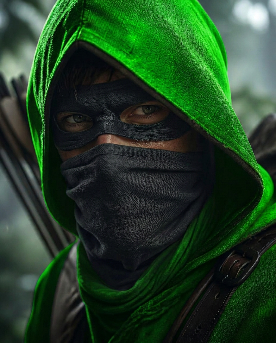 Close-up 3D render of Robin Hood's masked face under a neon green hood
