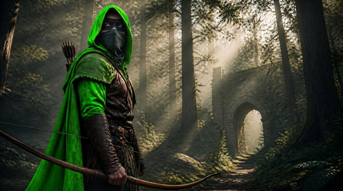 3D render of Robin Hood in a neon green cloak holding a longbow in a misty forest